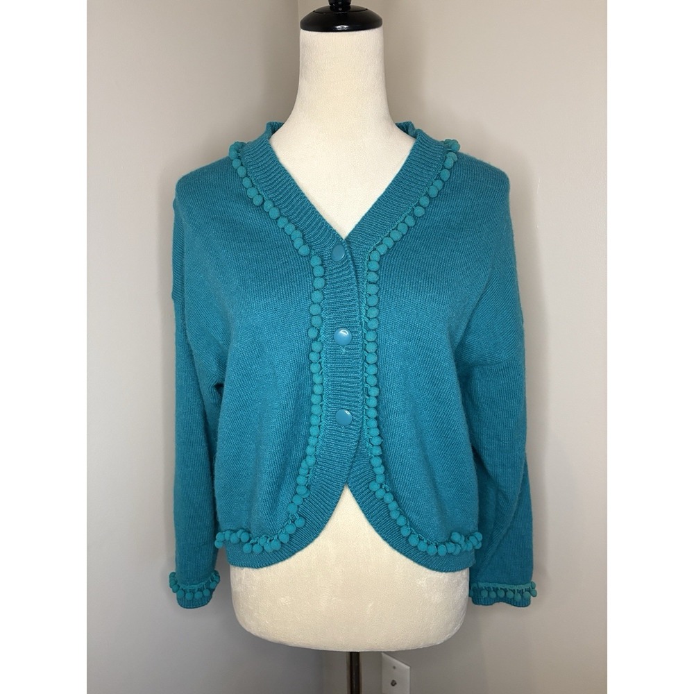 VTG 80s Stefanel Italy Wool Alpaca Pom Pom Cropped Knit Cardigan Sweater Teal M